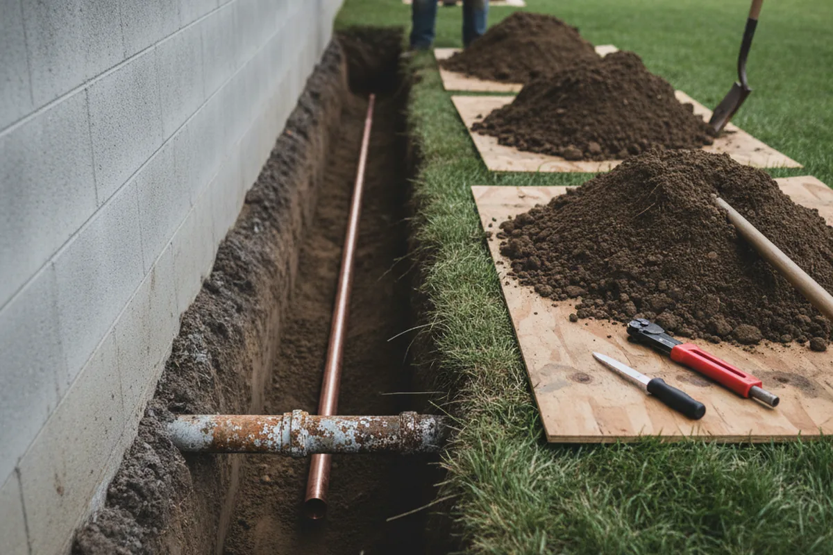 Excavated water line trench during Water Softener Installation in Gastonia